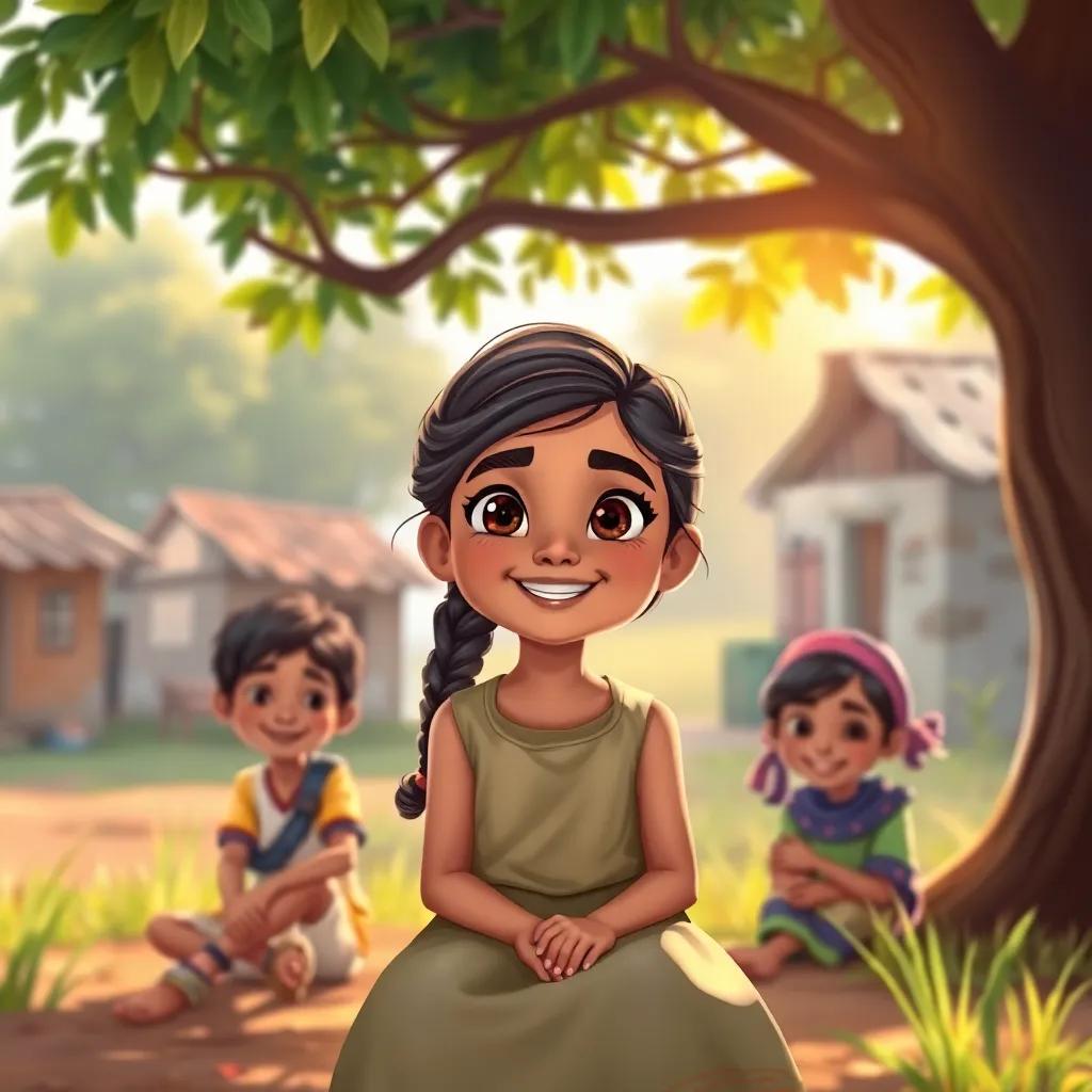 A girl named Amal in a small village, with a bright smile and determination in her eyes, wearing a simple dress, sitting under a tree with her friends, sharing her dream of being a doctor, vibrant colors, cheerful atmosphere, illustration, warm and inviting, high quality
