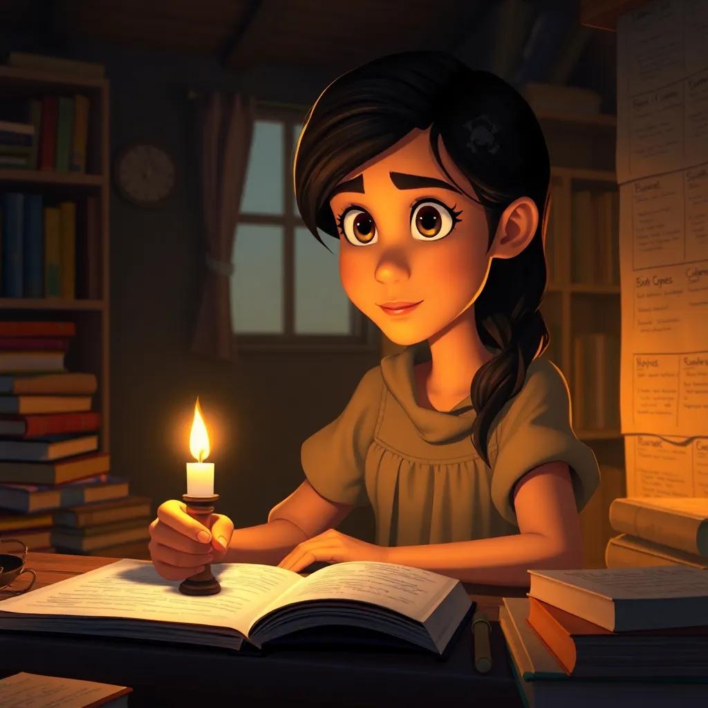 Amal with determination in her eyes, studying by candlelight in a cozy room filled with books and notes, wearing a simple dress, showing resilience, digital art, warm light, hopeful colors, storytelling view, fantasy