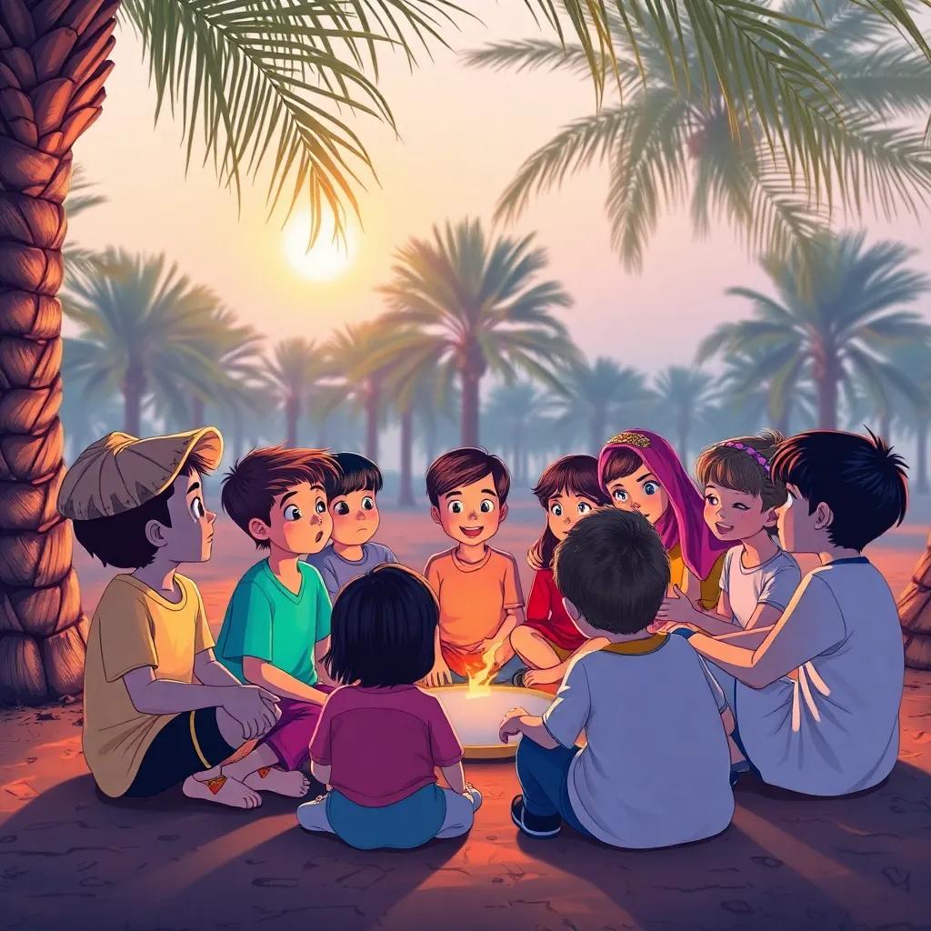 A group of children sitting in a circle in Bahrain discussing the legend, looking curious and scared, under a palm tree, evening light, vibrant colors, cheerful and engaging atmosphere, digital art, high quality
