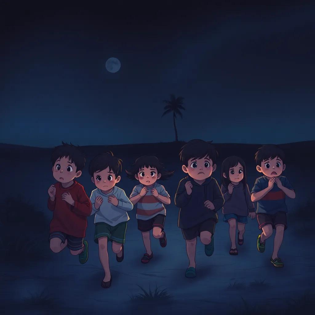 Children running in the dark with worried expressions, saying prayers, a distant silhouette of a palm tree, night light, moody colors, dramatic and intense atmosphere, illustration, high quality