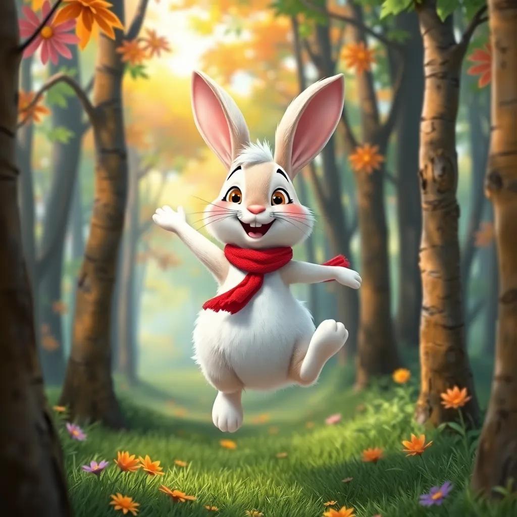 A cheerful rabbit, Rami, with fluffy white fur, wearing a tiny red scarf, jumping happily between trees in a vibrant forest, digital art, bright colors, cheerful atmosphere, high quality