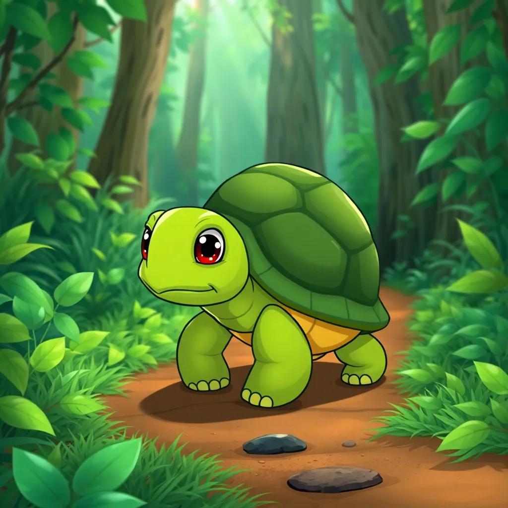A slow turtle, Aliya, with a green shell and wise eyes, walking determinedly along a path in the forest, surrounded by green foliage, illustration, colorful, friendly, emphasis on determination