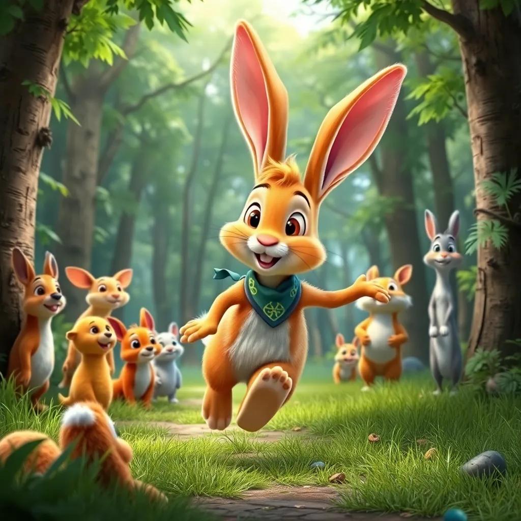 A quick rabbit named Sami, orange fur, wearing a small bandana, hopping happily in a lush green forest, surrounded by curious forest animals watching him, vibrant digital art, cheerful colors, energetic atmosphere, high quality