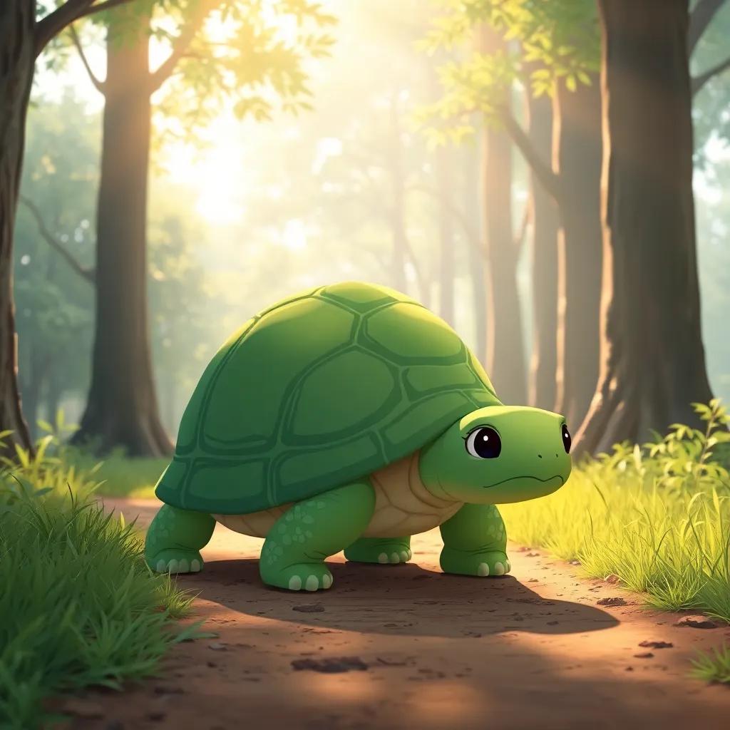 A slow turtle named Sara, with a greenish shell, walking gently on a dirt path, surrounded by tall trees and soft sunlight filtering through leaves, illustrative style, peaceful colors, calm, high quality