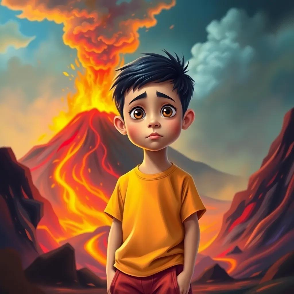 A small boy named Sami, with short black hair, wearing a bright t-shirt and shorts, standing in front of a colorful volcano erupting with vibrant lava and ash, with puzzled expression, digital art, lively colors, engaging atmosphere, high quality