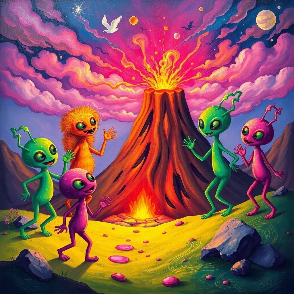 Colorful alien creatures, with bright colors and fun shapes, dancing around the volcano and the amazed boy, cheerful environment, illustration, vivid and playful, high quality