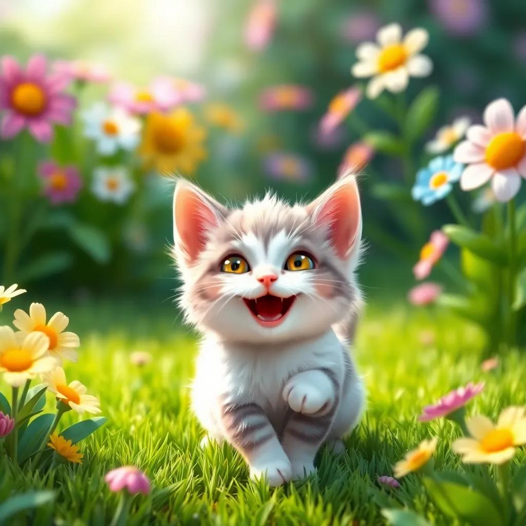 A small cute cat, Kati, with fluffy fur playing happily in a green garden with colorful flowers, digital art, bright colors, joyful atmosphere, high quality