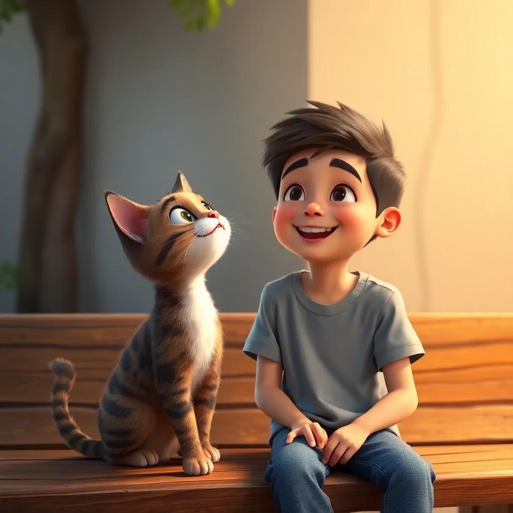 Kati, the small cat, looking up at a 15-year-old boy named Hamad with a big smile, wearing a t-shirt and jeans, sitting on a wooden bench, warm light, friendly vibe, child-friendly