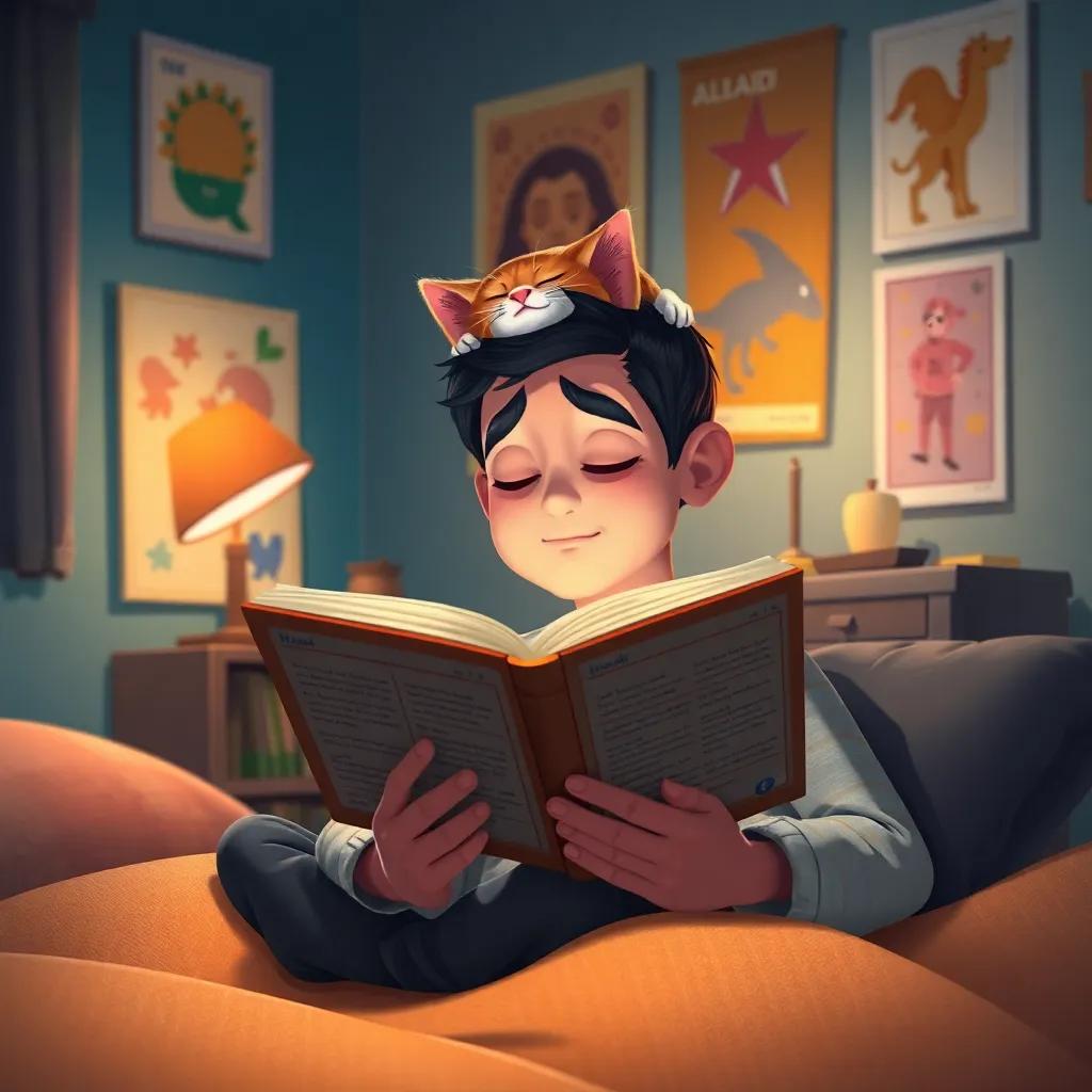 Kati, the small cat, peacefully sleeping on Hamad's head while he reads a book in his cozy room with soft lighting and colorful posters, calm ambiance, high quality