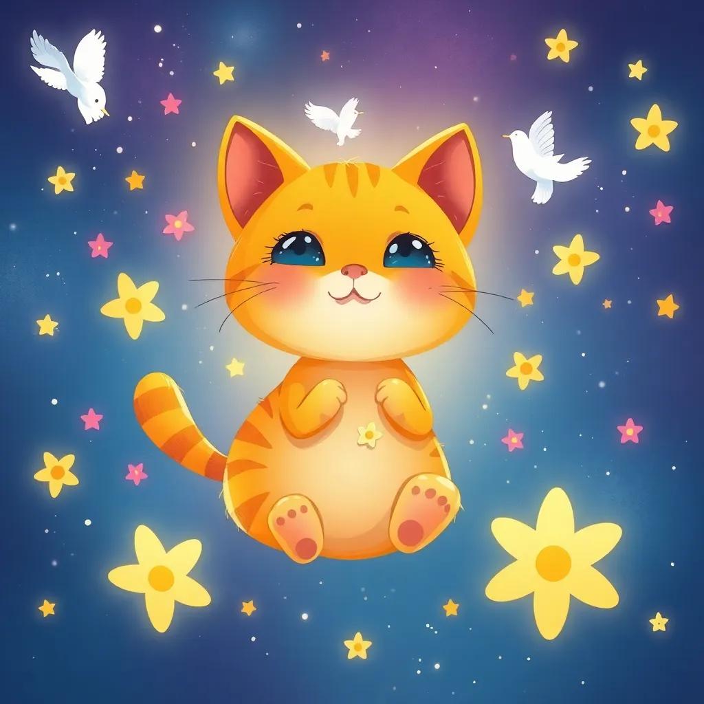Kati, the small cat, dreaming of flowers and birds, floating dreamily among stars in a night sky, colorful and whimsical, illustrative style, cheerful mood
