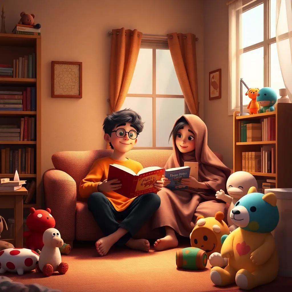 Hamad, the 15-year-old boy, sitting in his room sharing stories with Kati, surrounded by toys and books, warmth and comfort, inviting atmosphere