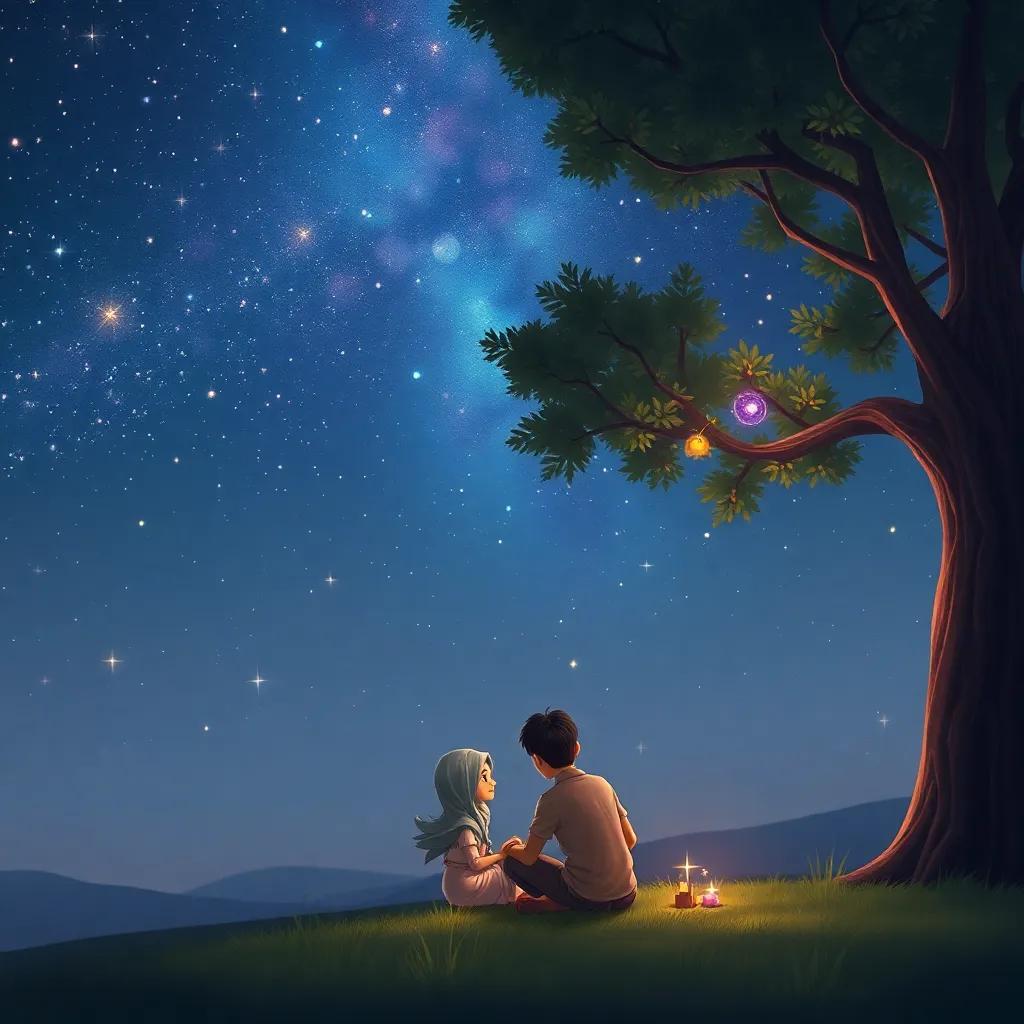 A beautiful starry night sky above Kati and Hamad sitting under a tree, peaceful and magical scene with twinkling stars, dreamlike quality, soothing vibes
