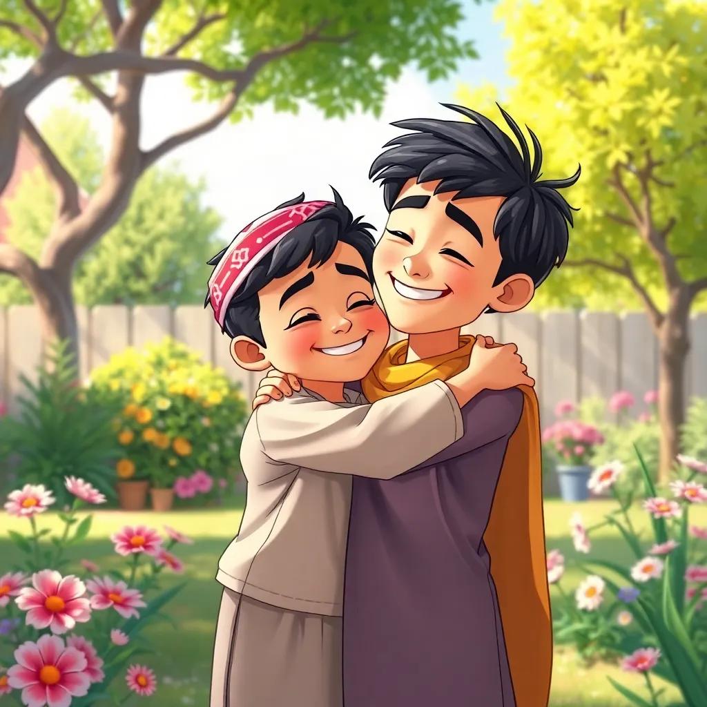 Hamad, the boy, embracing Kati with love in a sunny backyard with trees and flowers, bright and cheerful colors illustrating friendship, high quality