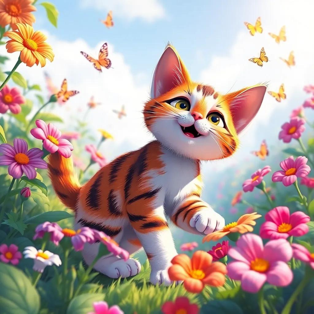 Kati, the playful cat, exploring flowers and butterflies outside, colorful and bright artwork, lively and adventurous