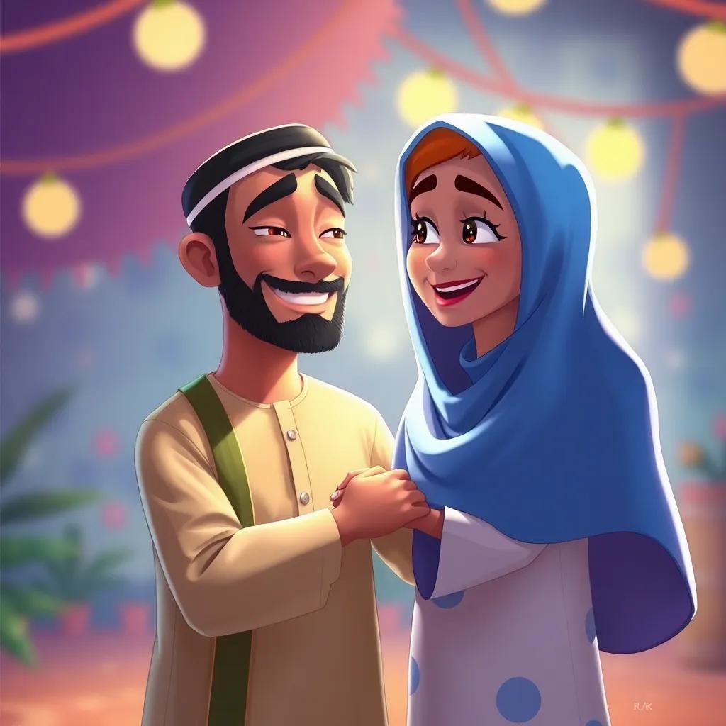 Hamad and Kati together in a heartwarming scene, illustrating their strong bond of friendship, colorful and loving atmosphere, high quality