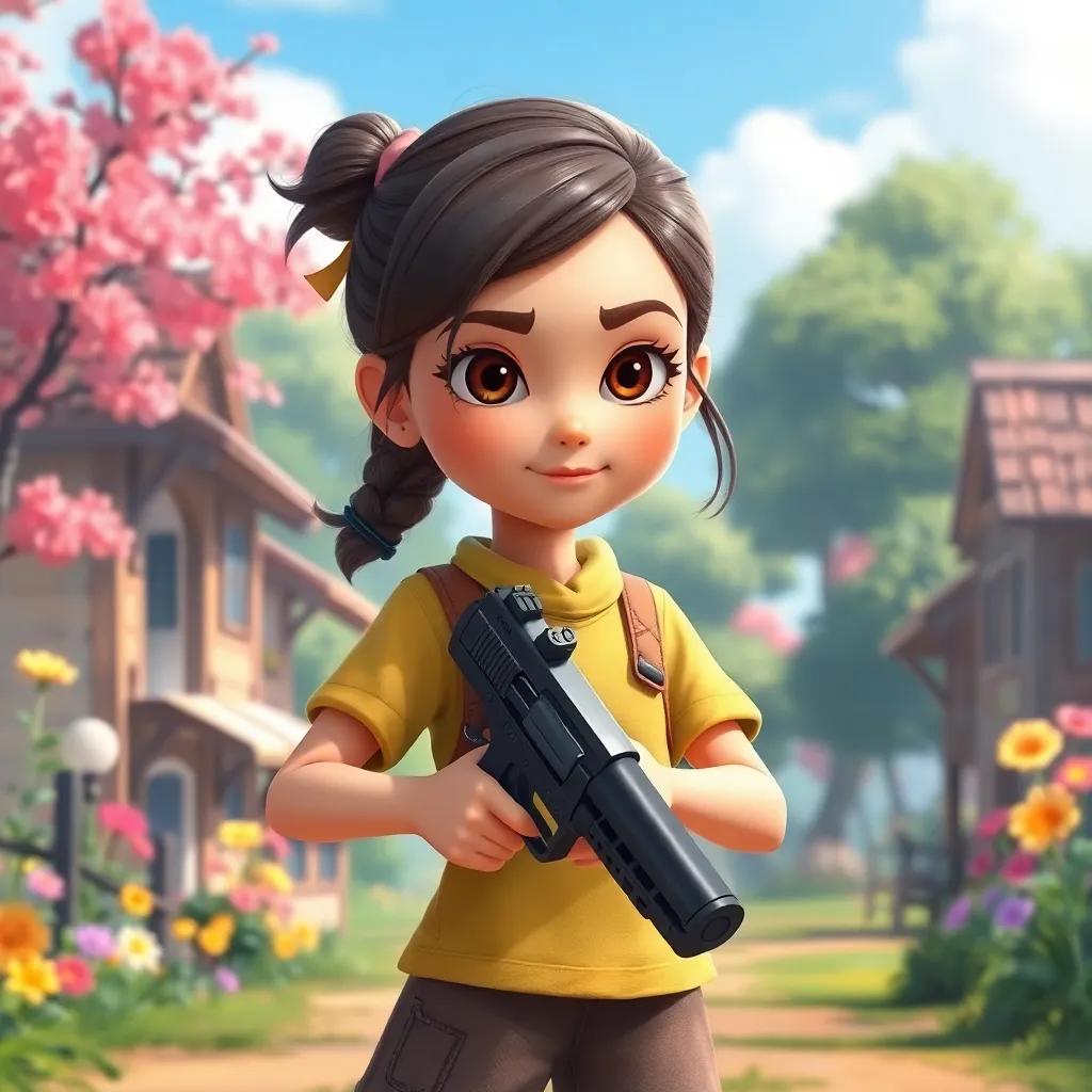 A brave young girl, كاجومي, with a determined expression, holding a shiny black gun in her hands, standing in a quiet village with trees and beautiful flowers, vibrant and colorful, digital art, cheerful atmosphere, high quality