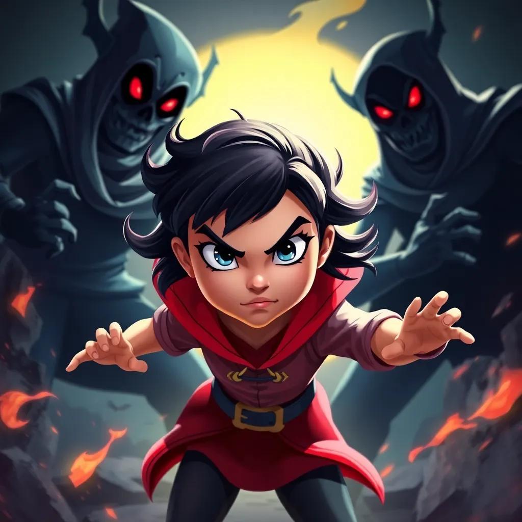 A fierce young girl, كاجومي, with a fierce look, battling shadowy figures representing the guardians of darkness, bright colors against dark shadows, action scene, energetic, detailed illustration, child-friendly, high quality