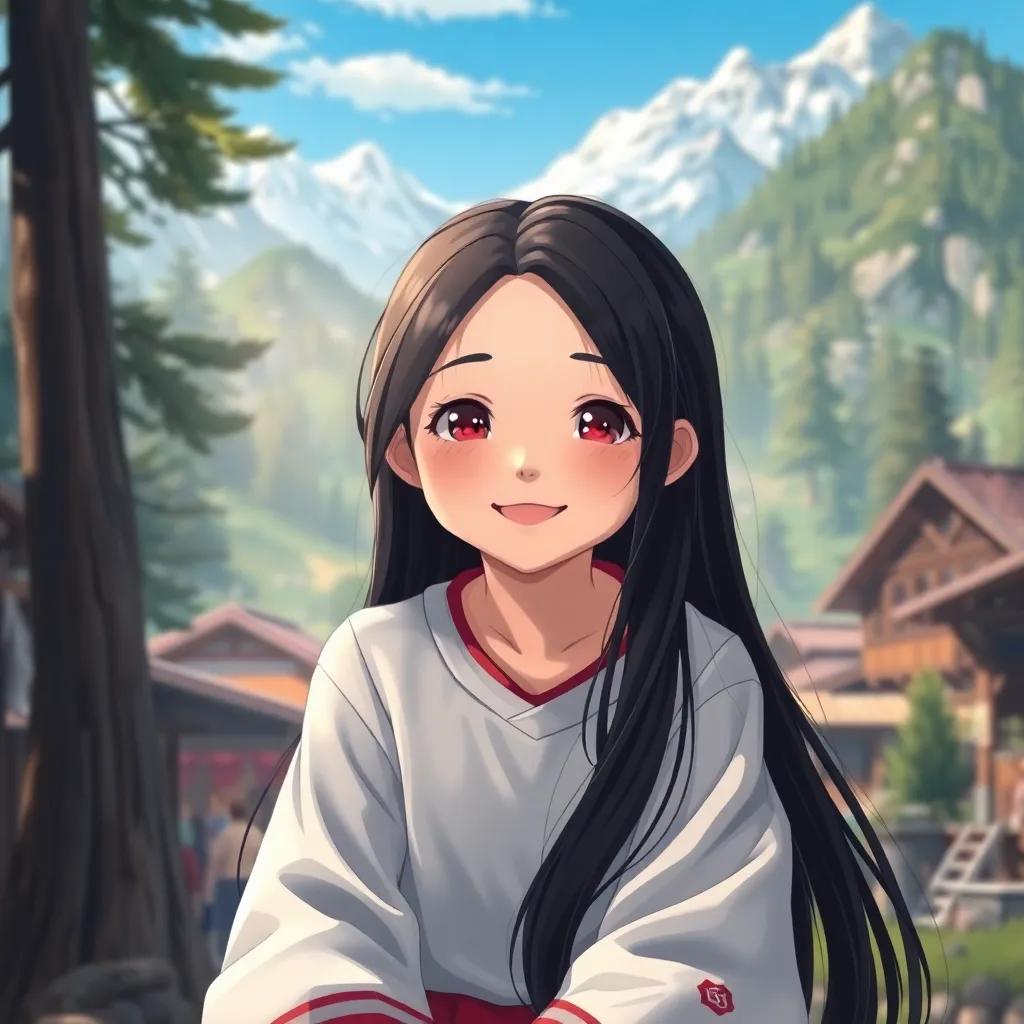 A young girl, Kagemi, with long black hair and sparkling eyes, sitting in a mountain village surrounded by trees and mountains, joyful expression, digital art, bright colors, warm and inviting atmosphere, high quality