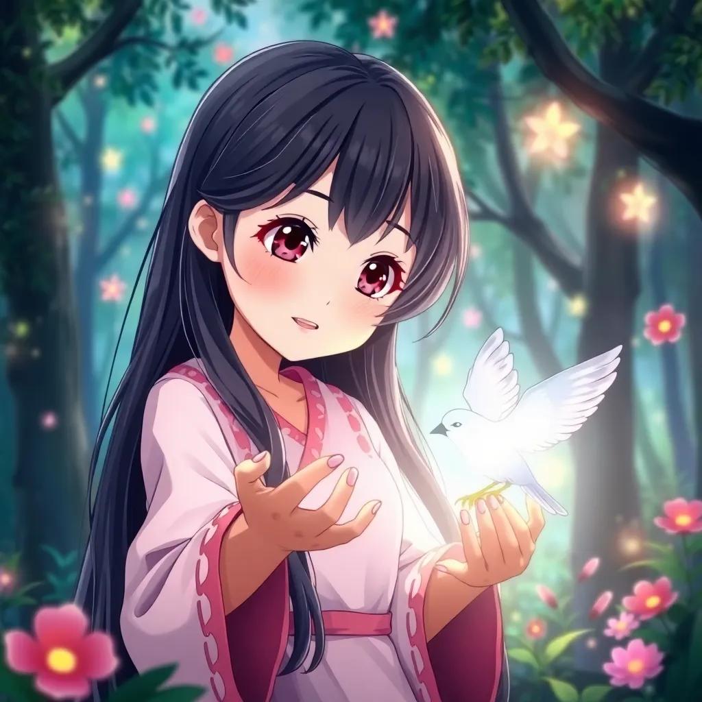 Kagemi, a young girl with long black hair and sparkling eyes, helping an injured bird in a magical forest, light glowing from her hands, cheerful, enchanting scene, colorful, uplifting, high quality