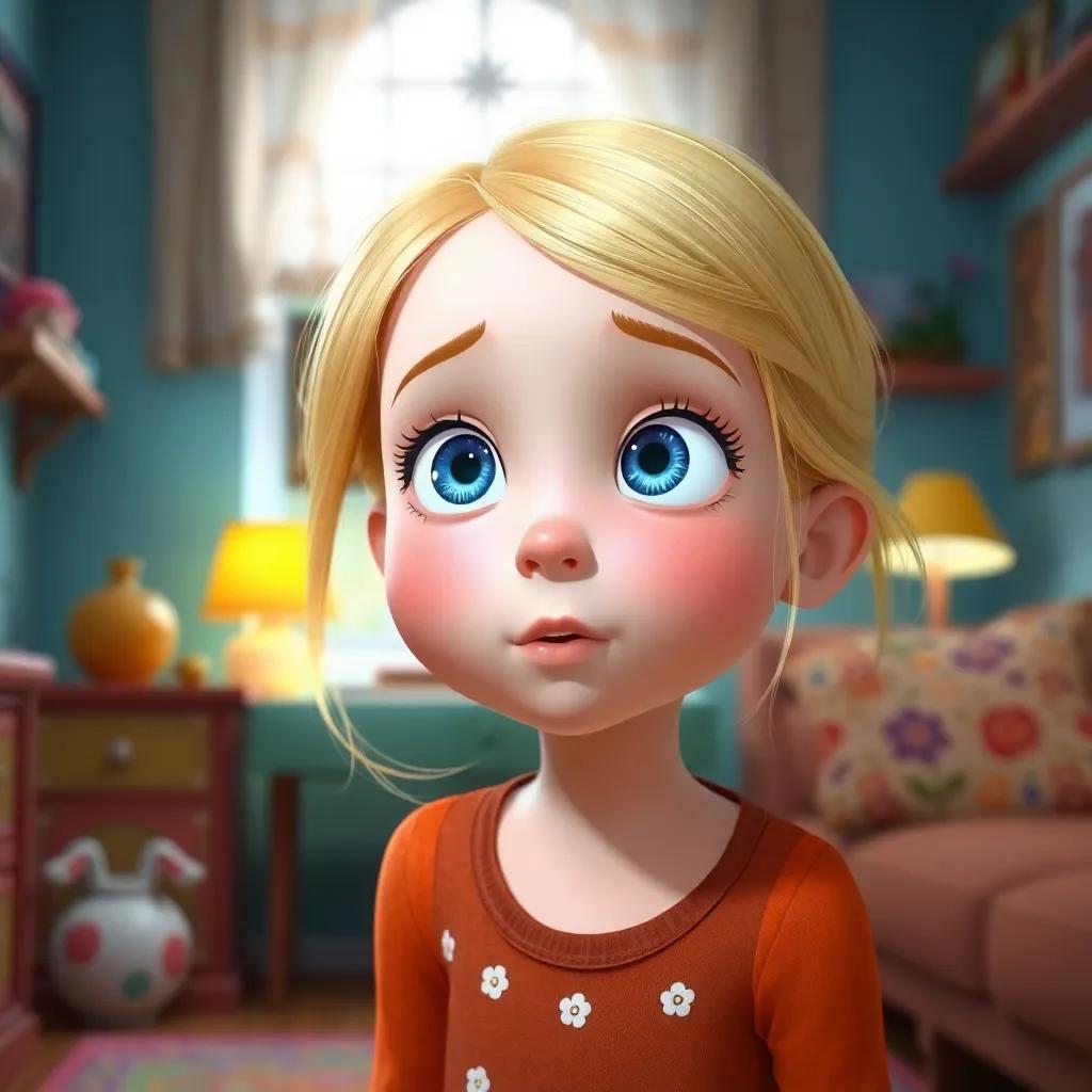 A young girl, Caroline, with blonde hair, blue eyes, and smooth skin, looking surprised in her house as she sees her tiny mother, colorful room, cheerful mood, vibrant colors, child-friendly, inviting atmosphere