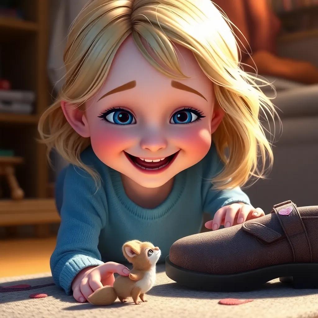 Caroline, a young girl with blonde hair, blue eyes, laughing as she playfully looks at her tiny mother under her shoe, playful environment, warm lighting, whimsical tone, family-friendly
