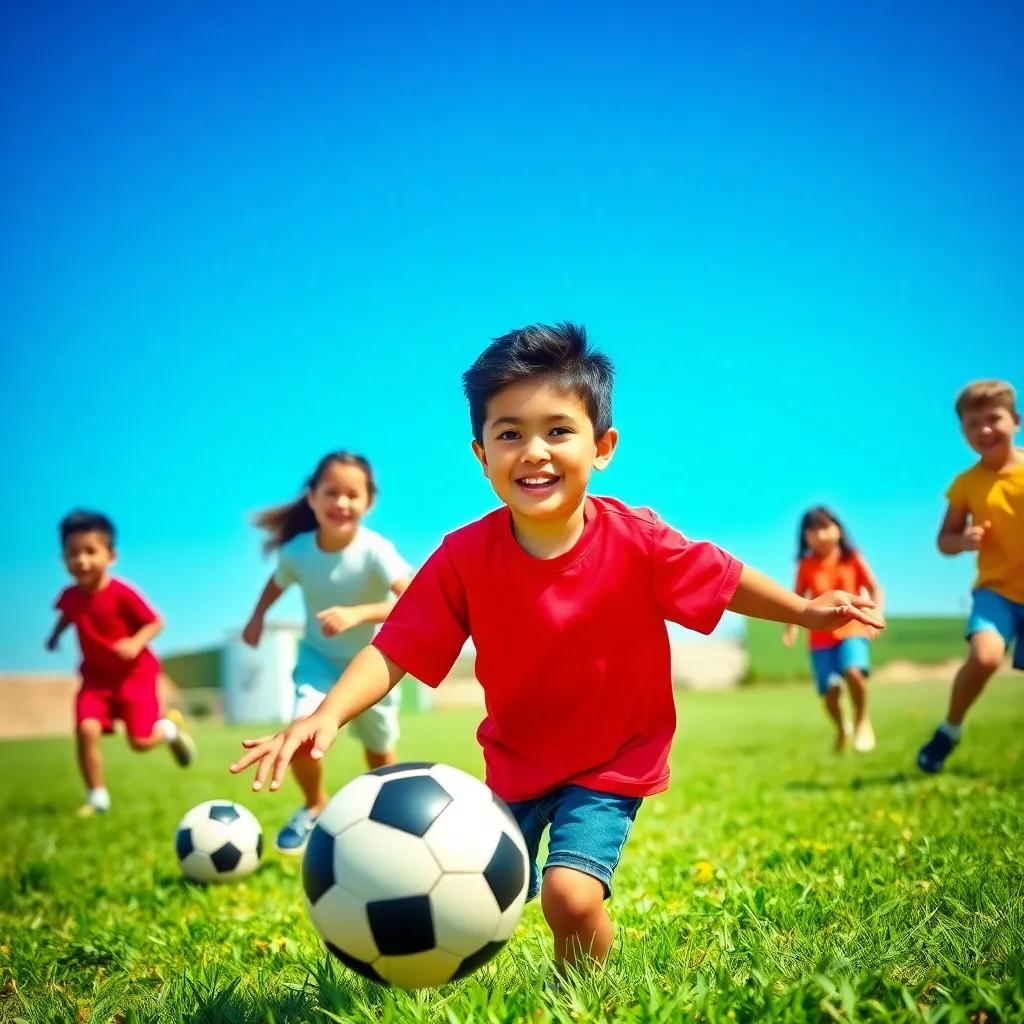 A sunny day with a group of young children, including Kari, a young Arab boy with short black hair wearing a red t-shirt, playing soccer on a grassy field with big smiles, vibrant colors, cheerful atmosphere, digital artwork, high quality