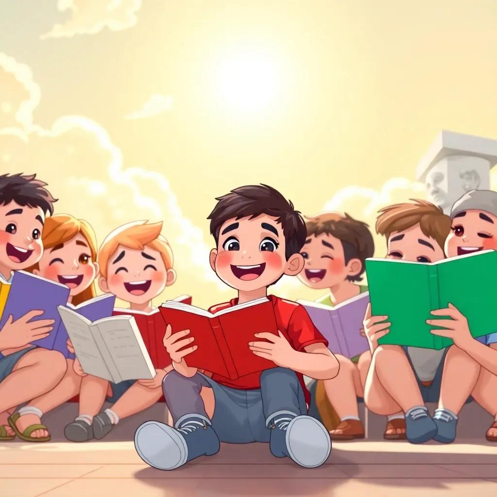 A group of excited children sitting in a circle with books in their hands, reading with joy under a bright sun, Kari, a young Arab boy with short black hair wearing a red t-shirt, animated expressions, engaging scene, warm colors, family-friendly illustration, high quality