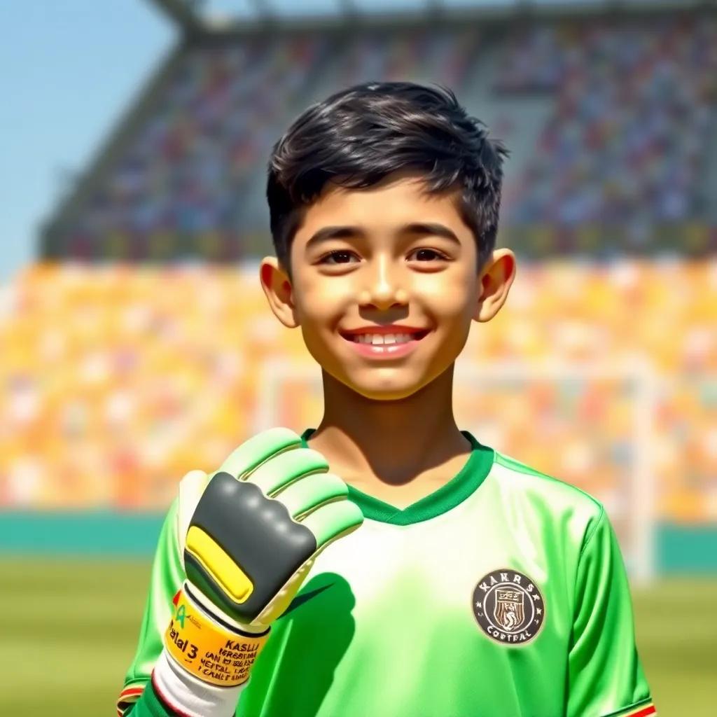 A young Arab boy, Kasilas, with short black hair, wearing a green goalkeeper jersey and gloves, standing in a sunny football field, smiling confidently, digital art, vibrant colors, uplifting atmosphere, high quality