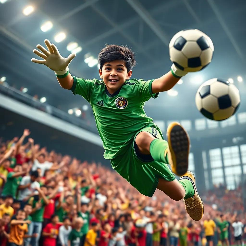 Kasilas, a young Arab boy with short black hair in a green goalkeeper jersey, jumping in the air to save a fast football, surrounded by cheering fans, dynamic perspective, colorful, energetic scene, high quality