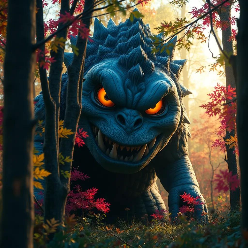 A giant monster, الغول, lurking behind the trees, with sharp teeth and glowing eyes, looking curious rather than scary, surrounded by colorful woods, soft sunlight peeking through branches, whimsical style, child-friendly, high quality