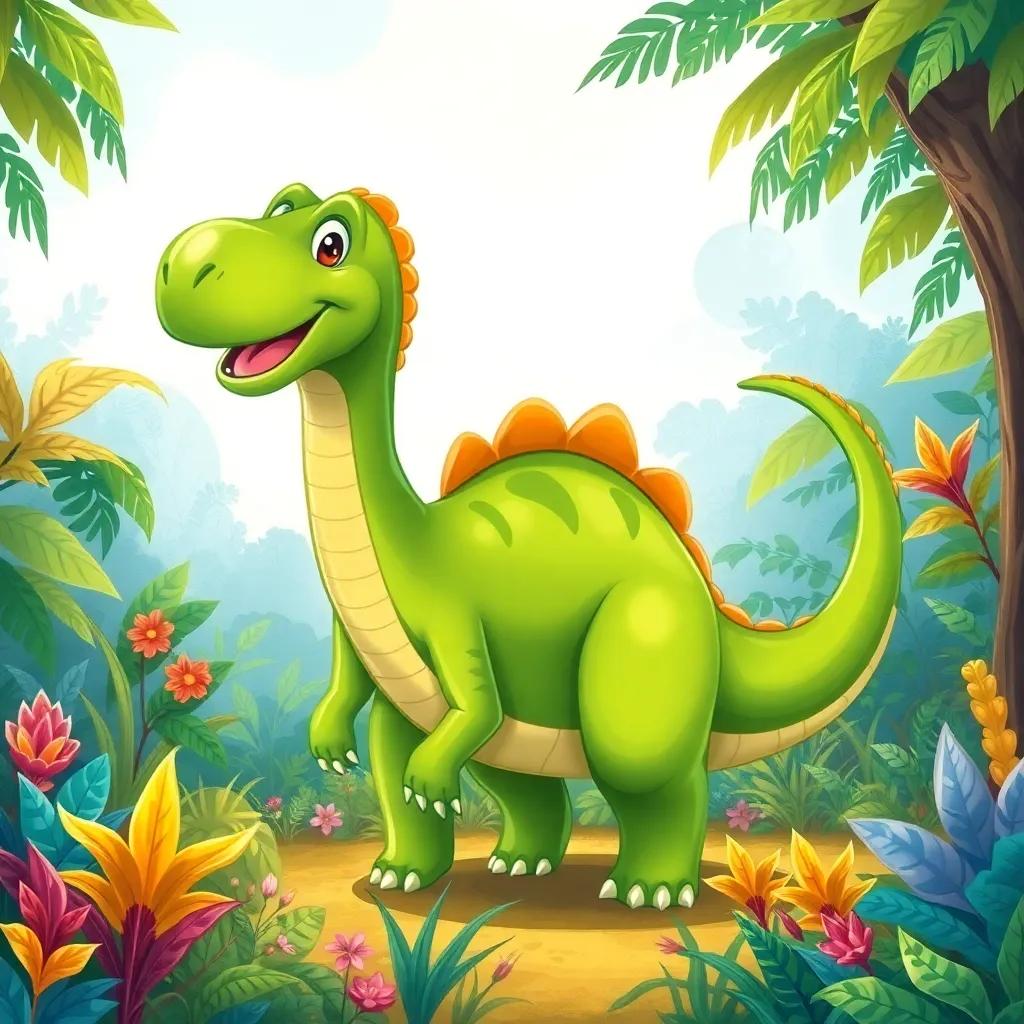 A large green dinosaur, Deezy, with a long tail and a tall neck, playing in a vibrant jungle with colorful plants, digital art, bright colors, joyful atmosphere, high quality