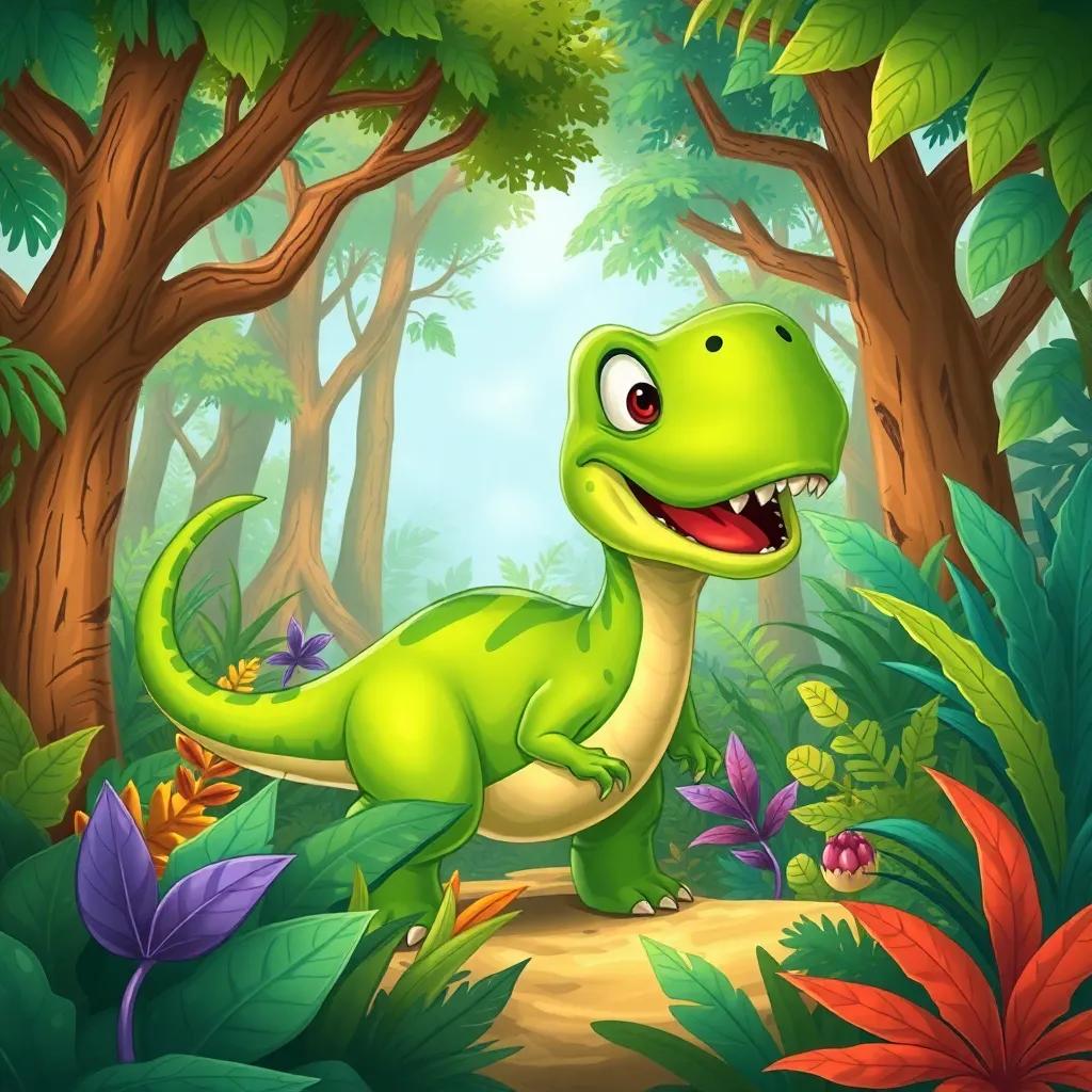 Deezy, the large green dinosaur, exploring a colorful jungle filled with trees and exotic plants, looking surprised, digital painting, vivid colors, cheerful setting, enchanting