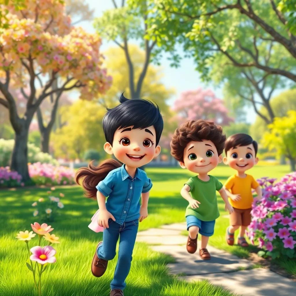 A bright and colorful park with trees and flowers, children playing, a boy with short black hair wearing a blue shirt and jeans, a girl with long brown hair wearing a pink dress, a boy with curly hair wearing a green t-shirt, cheerful atmosphere, bright sunlight, digital art, high quality