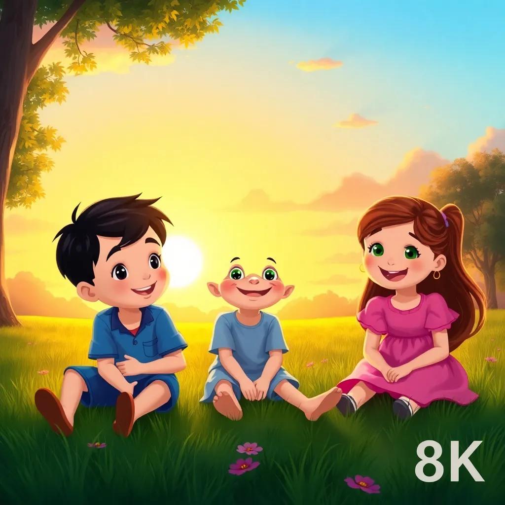 A beautiful sunset in the park, children sitting on the grass with happy faces, a boy with short black hair in a blue shirt, a girl with long brown hair in a pink dress, a playful scene, warm colors, heartwarming atmosphere, digital painting, high quality