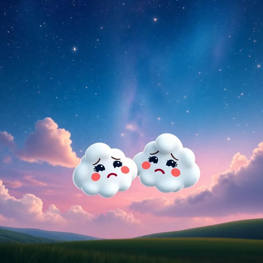 A beautiful night sky filled with stars, two friendly clouds representing كان and إن, looking worried, surrounded by a calm landscape, digital art, vibrant colors, peaceful atmosphere, high quality