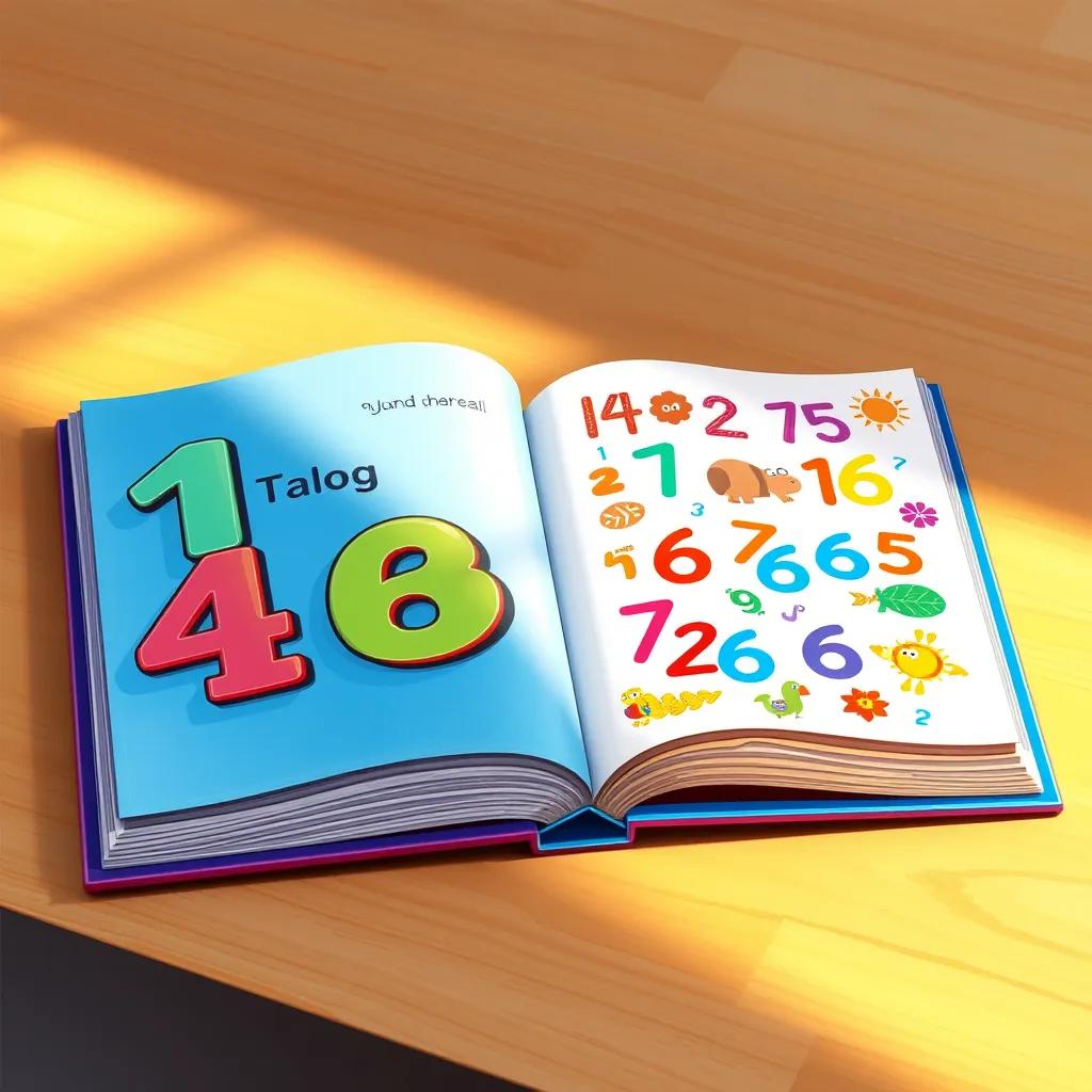 A blue book with a rainbow number cover, open on a wooden table, colorful illustrations of numbers, light shining on the pages, inviting and bright, detailed illustration, high quality