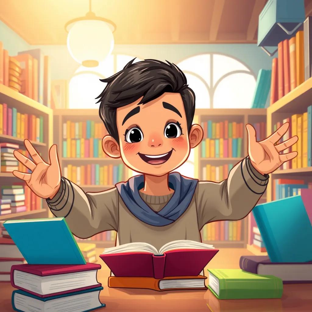 Sami, a young Arab boy, with short black hair, celebrating his learning achievements in a cozy library, surrounded by books with a big smile, warm colors, joyful and inspiring atmosphere, digital art, high quality