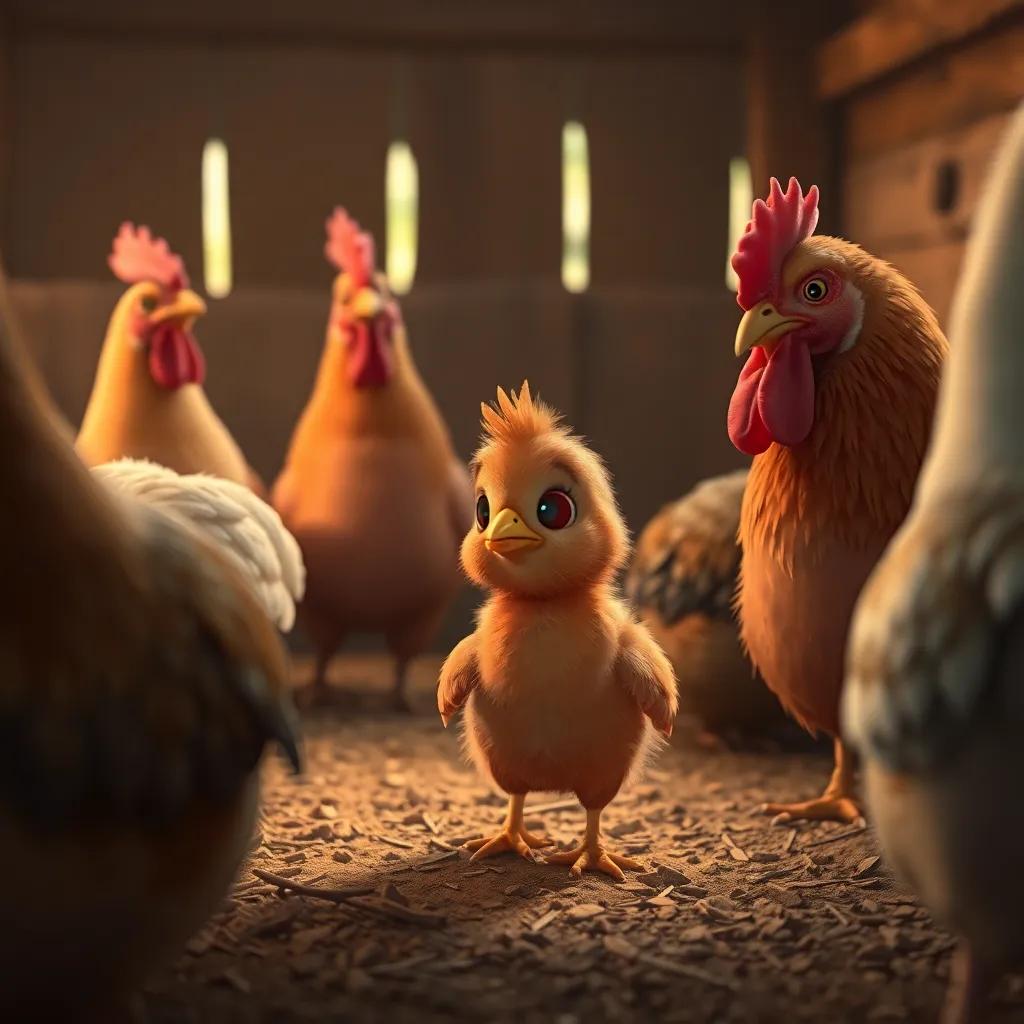 A small brown chick, living in a chicken coop with larger chickens, feeling lonely and left out, digital art, warm colors, inviting scene, high quality