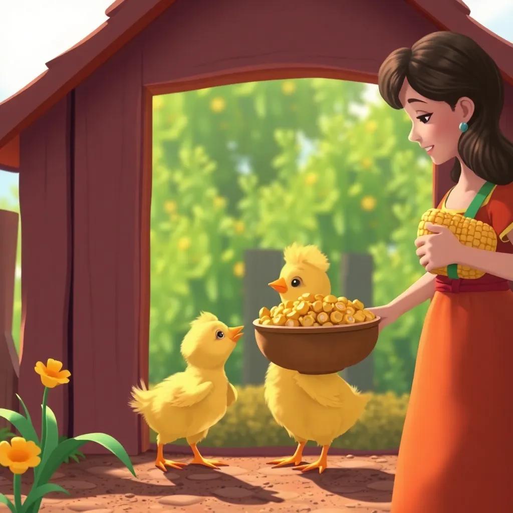 A colorful scene outside the coop, showing the small chick looking at a bowl of corn carried by a lady, filled with hope and longing, digital illustration, vibrant colors, cheerful atmosphere, high quality