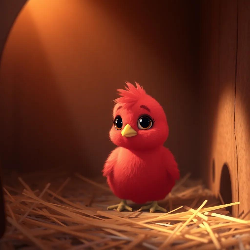 A small red chick with bright eyes, sitting in a cozy henhouse, looking a bit sad, with warm light filtering through the straw, digital art, cheerful colors, heartwarming scene, high quality