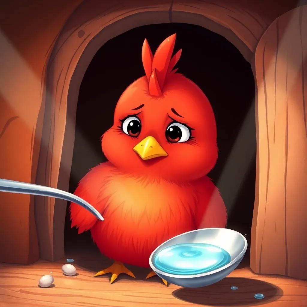 The red chick, in the cozy henhouse, has a worried look, stares at a shiny spoon filled with tears, with a beam of light highlighting the tears, detailed illustration, vibrant colors, emotional atmosphere, high quality with a focus on the spoon.