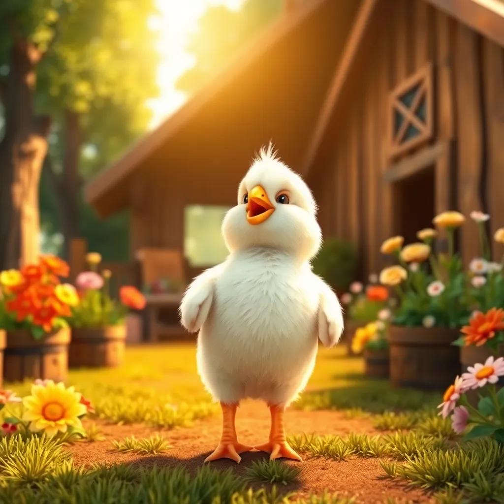 A small chick, chirping excitedly under the sun, standing outside a farm with colorful flowers and tall trees, surrounded by a warm, friendly atmosphere, digital art, bright colors, cheerful perspective, high quality