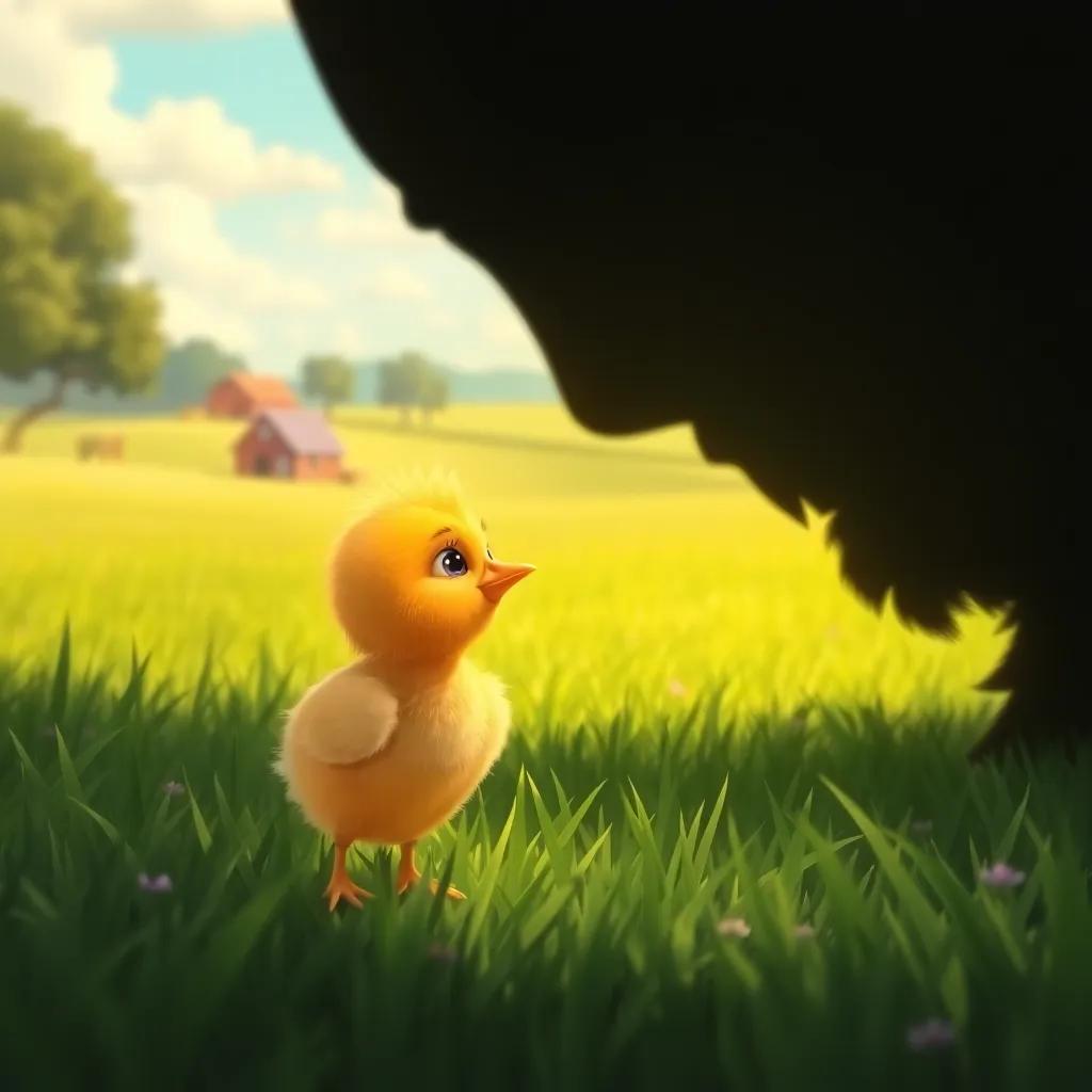 A small chick, looking scared while facing a large shadow in a lush green field, with distant farm buildings in the background, depicting a sense of urgency, digital painting, vibrant colors, emotional atmosphere, high quality