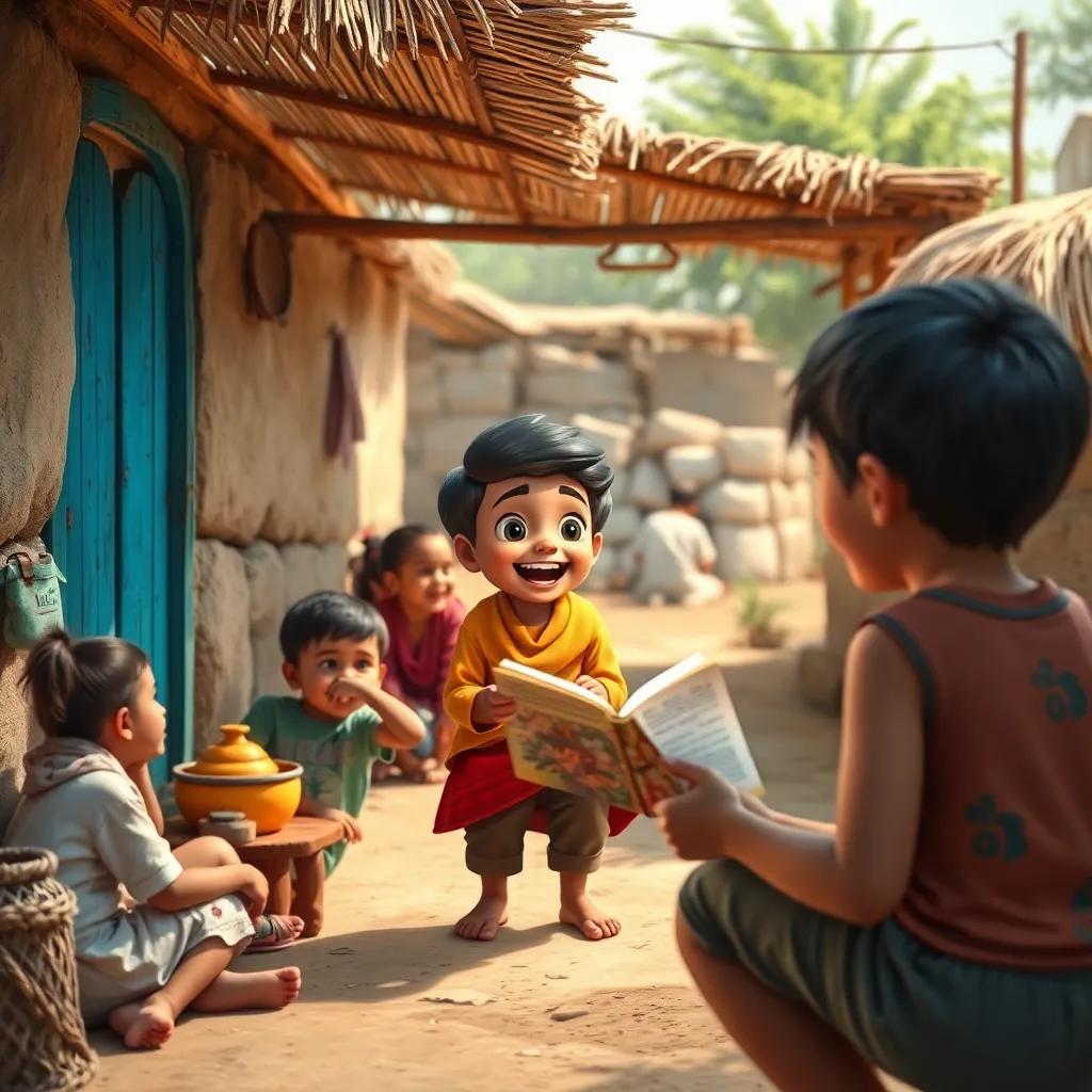 A small village scene with kids playing, one boy named Sami telling an exciting story, bright colors, cheerful atmosphere, high quality