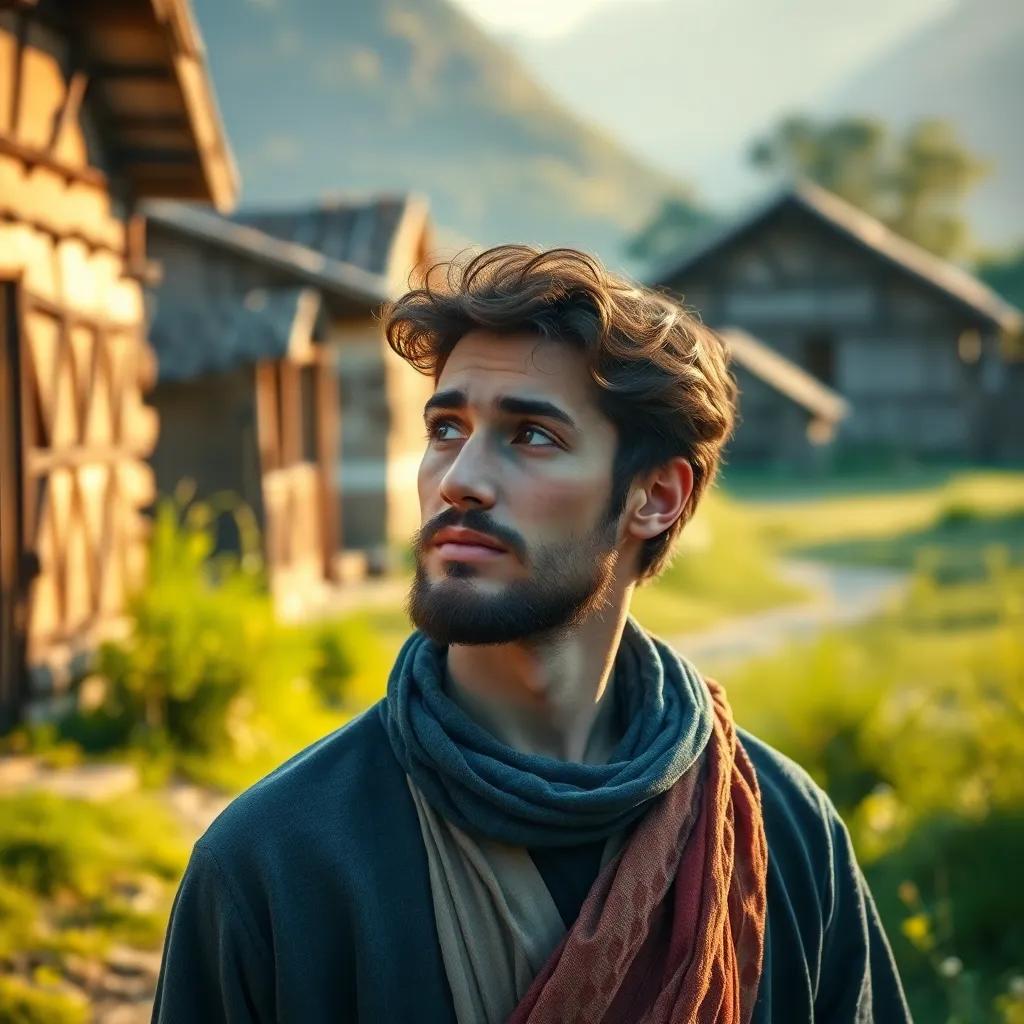 Sami looking thoughtful in a peaceful village setting, confiding to his friends about telling the truth, warm light, realistic, uplifting