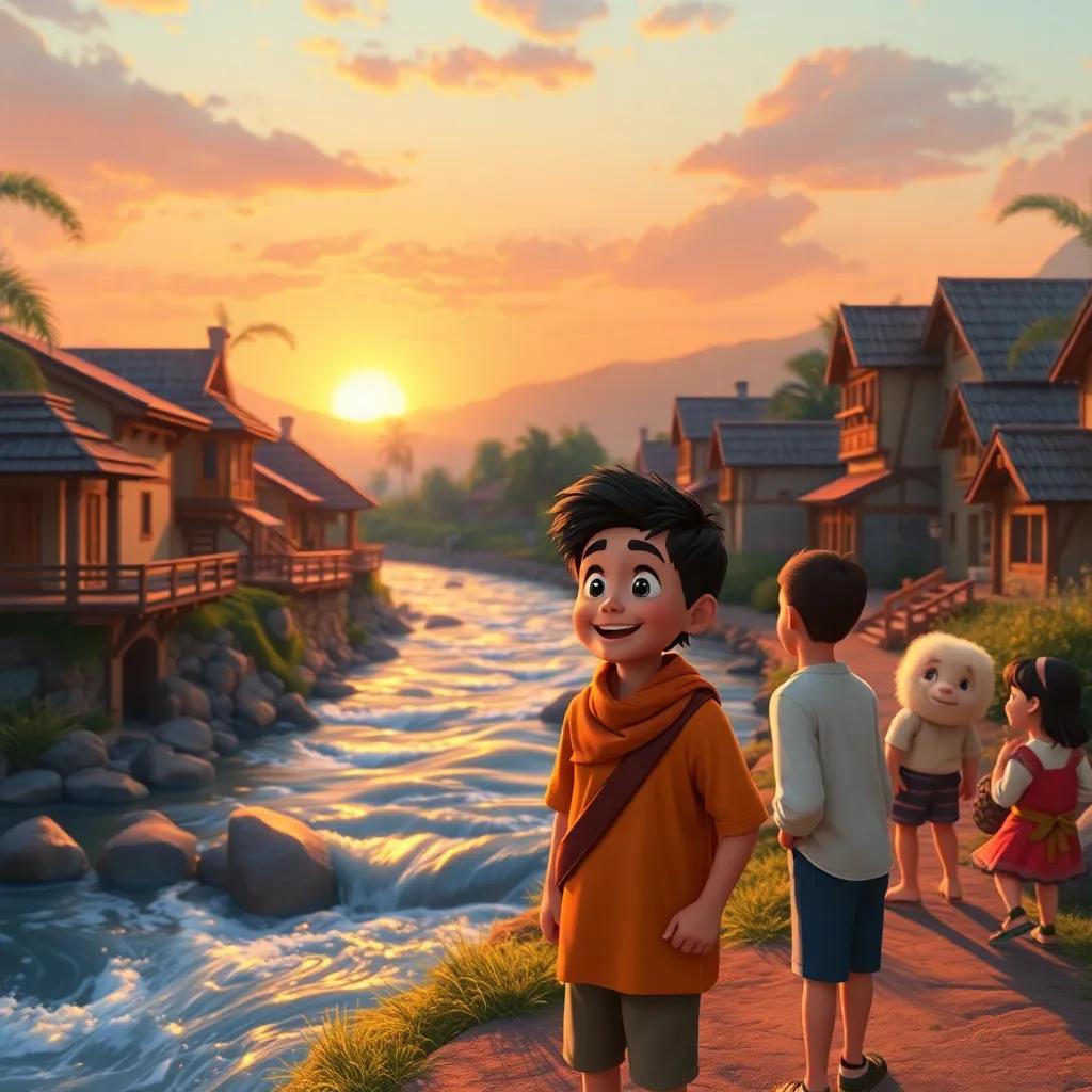 A beautiful village by a flowing river, young boy Ali talking to his friends with excitement, joyful atmosphere, sunset, warm colors, high quality
