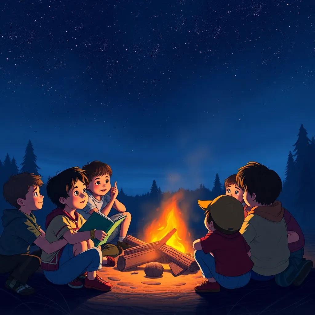 Children gathered around a campfire, eagerly listening to stories, night sky filled with stars, warmth and camaraderie, detailed illustration, inviting atmosphere
