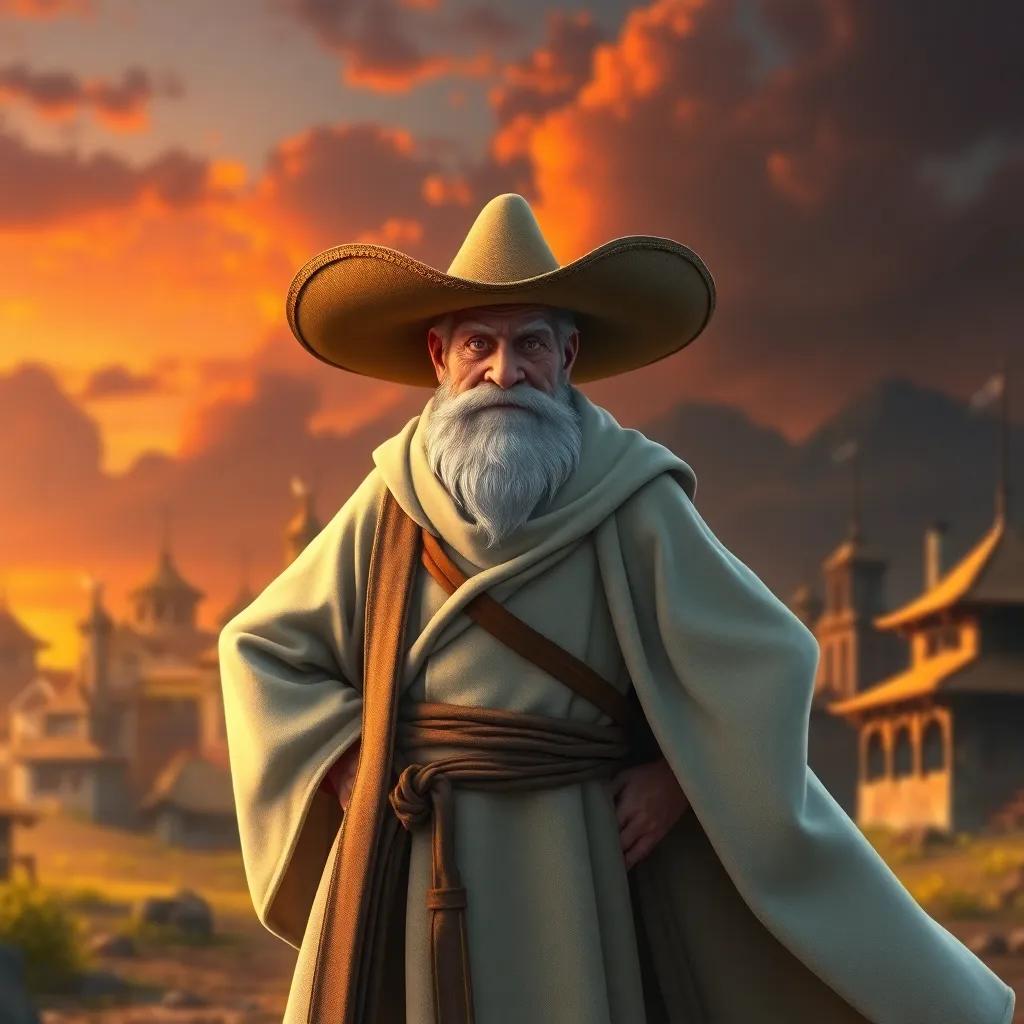 An old man with a white robe and a large hat, standing bravely in front of a village, ready to defend it, dramatic sunset background, strong and noble stance, high quality