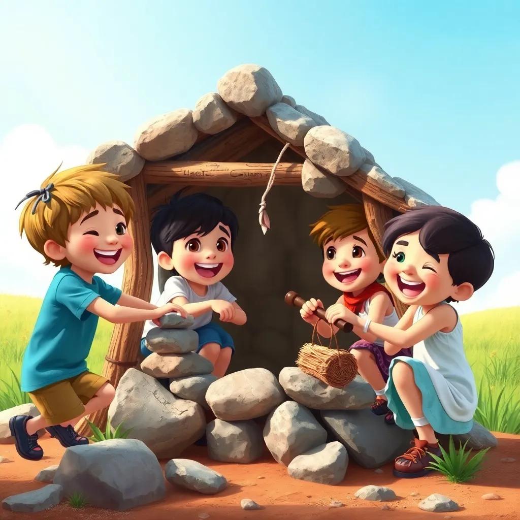 Children building a small shelter with stones and wood, laughter and teamwork, bright and cheerful mood, detailed digital art, vibrant colors