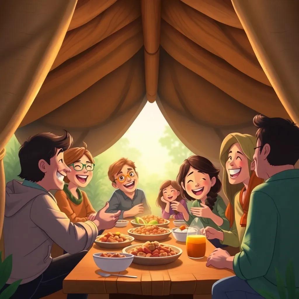 A welcoming shelter filled with smiling faces, a gathering of friends, sharing food and stories, gentle light illuminating their joy, heartwarming scene, high quality